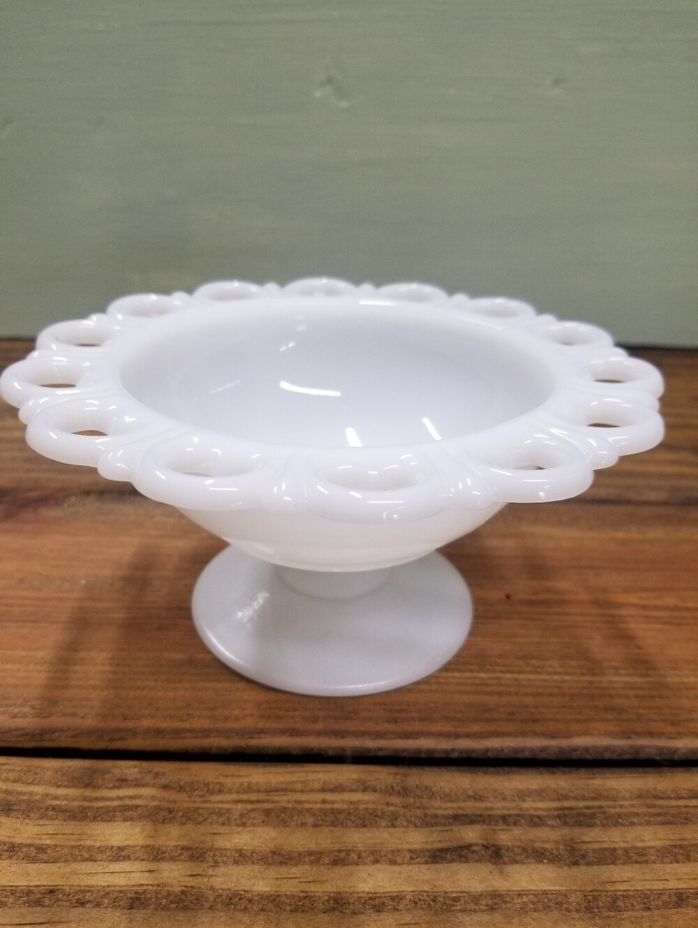 White Milk Glass Pedestal Bowl with Lace Edge